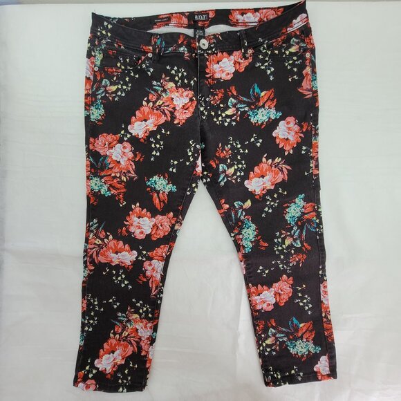 ANA Pants Women's 16P Black Floral Twill Skinny Ankle Denim Petite 5-pocket - Picture 1 of 11